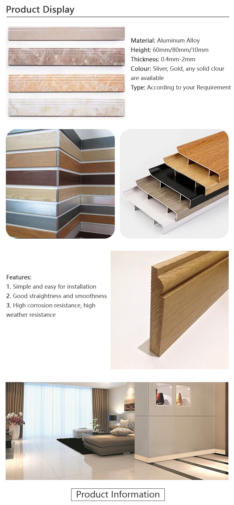 Fire Resistant Aluminium Floor Skirting Board Laminate Skirting Skirting Board Profile