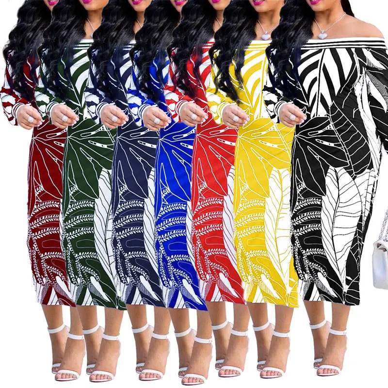 

91027-MX33 stylish off shoulder leaf print midi maxi ladies dresses