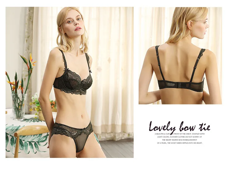 Women's Ultra-Thin Non-Sponge Transparent Lace Bra Set Floral Embroidered Sexy Underwear Large Chest Breathable Plain Dyed Waist