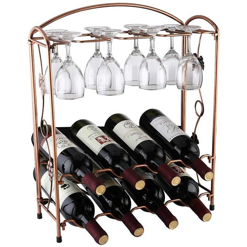 8 Wines Bottles 8 Glasses Tabletop Holders Bronze Counter Display