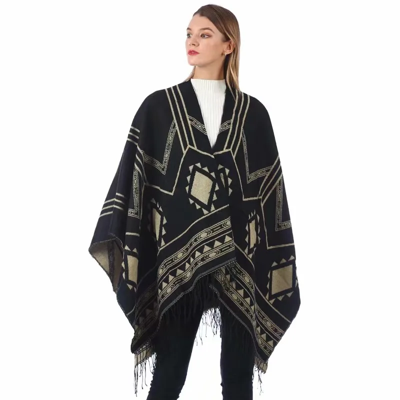 
Hot sale oversized Ladies Winter carpet shawl casual tassel Jacquard pullover Shawls 