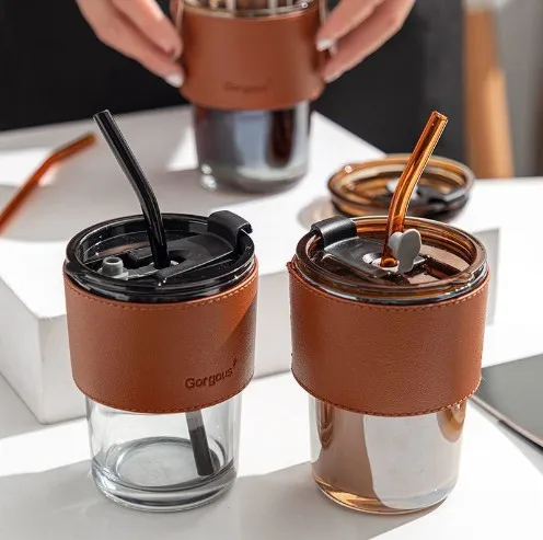 450ml Creative Glass Coffee Cups Portable Leather Sleeve Slub Glass Cup ...