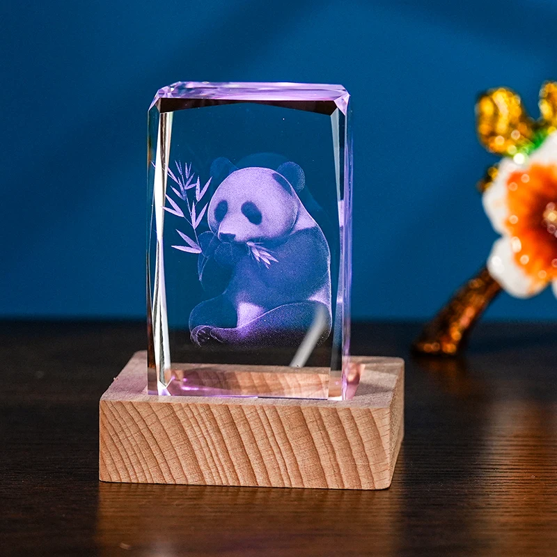 K9 Crystal Gifts 3d Laser Engraved Crystal Glass Cube Panda with LED light base details