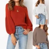 Crew Neck Basic Wear Knitted Sweater Cotton Puff Sleeve Women Sweater Fashion
