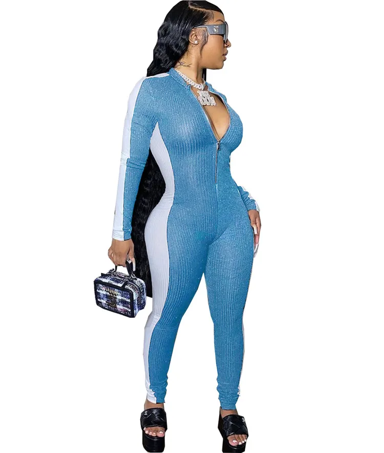 Fashion Lady Rompers Long Sleeve Patchwork Adjustable Neck Sexy Autumn Women One Piece Jumpsuits