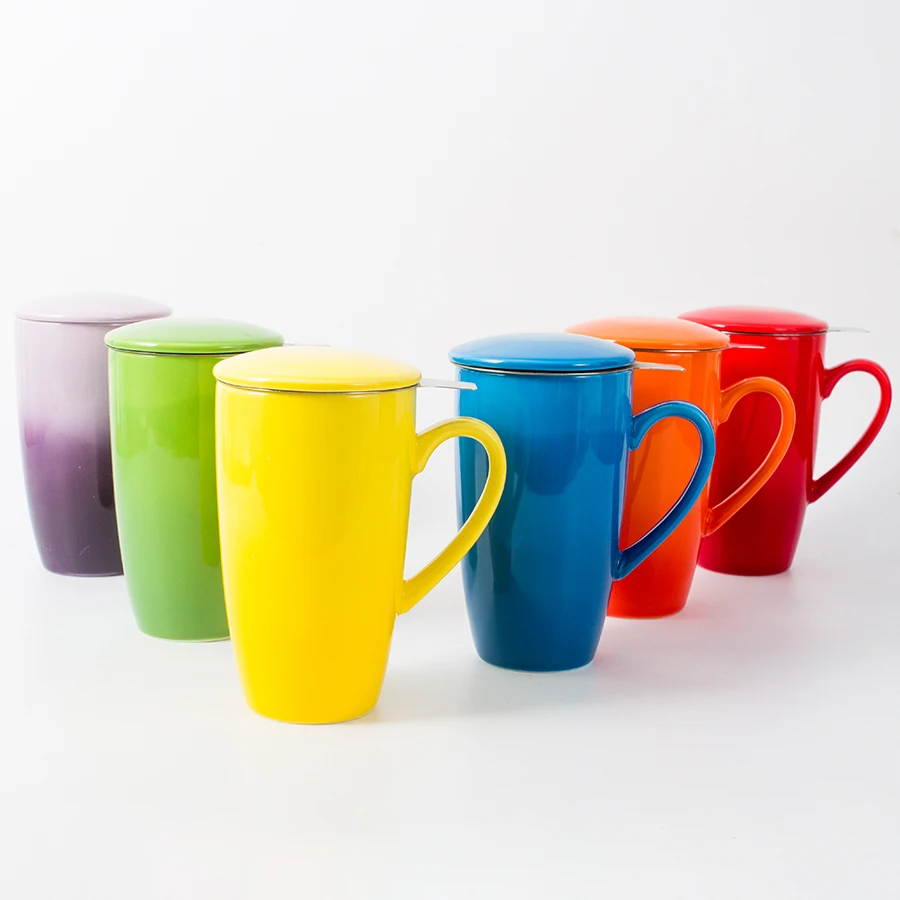 Assorted Color Custom 16oz Tall Colorful Ceramic Travel Cup Porcelain Tea Mug With Infuser And