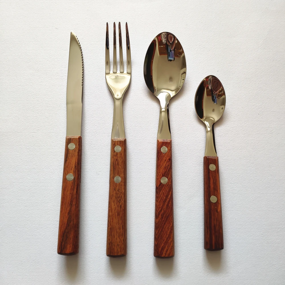 Juego De Cubiertos Con Mango De Madera,Cuchillo,Tenedor,Cuchara,Mango