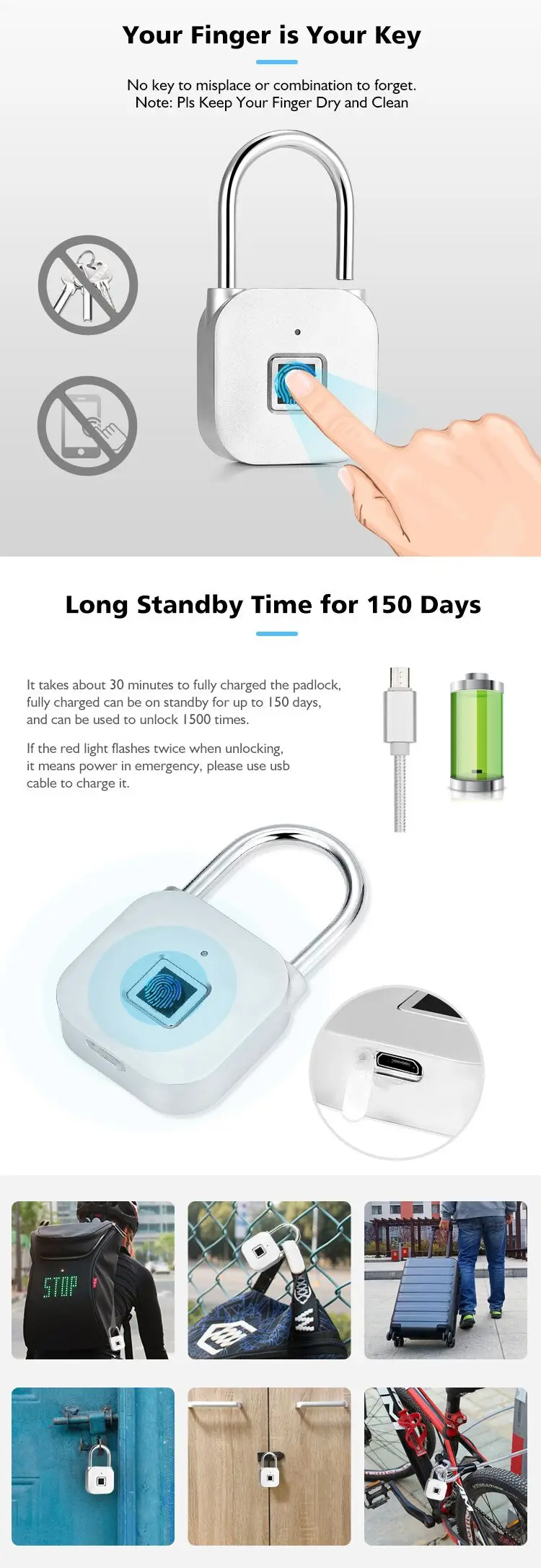 fashion micro anti-cut smart biometric keyless security metal padlock with multiple fingerprint reader
