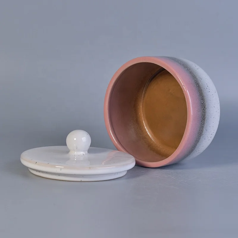 Round glaze printing custom ceramic tealight candle jar porcelain candle holders with lids bedroom decoration factory