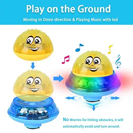 2 in 1 Squirt Spray Water Toy LED Light up Float Toys Automatic Induction Sprinkler Space UFO Car Toys for Baby Toddler