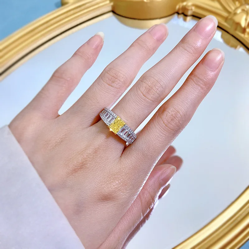 2025 Collection High Carbon 925 Silver Yellow Diamond Ring Radiant Cut 5*7mm Lab Diamond Style Best Seller Rhodium Plated