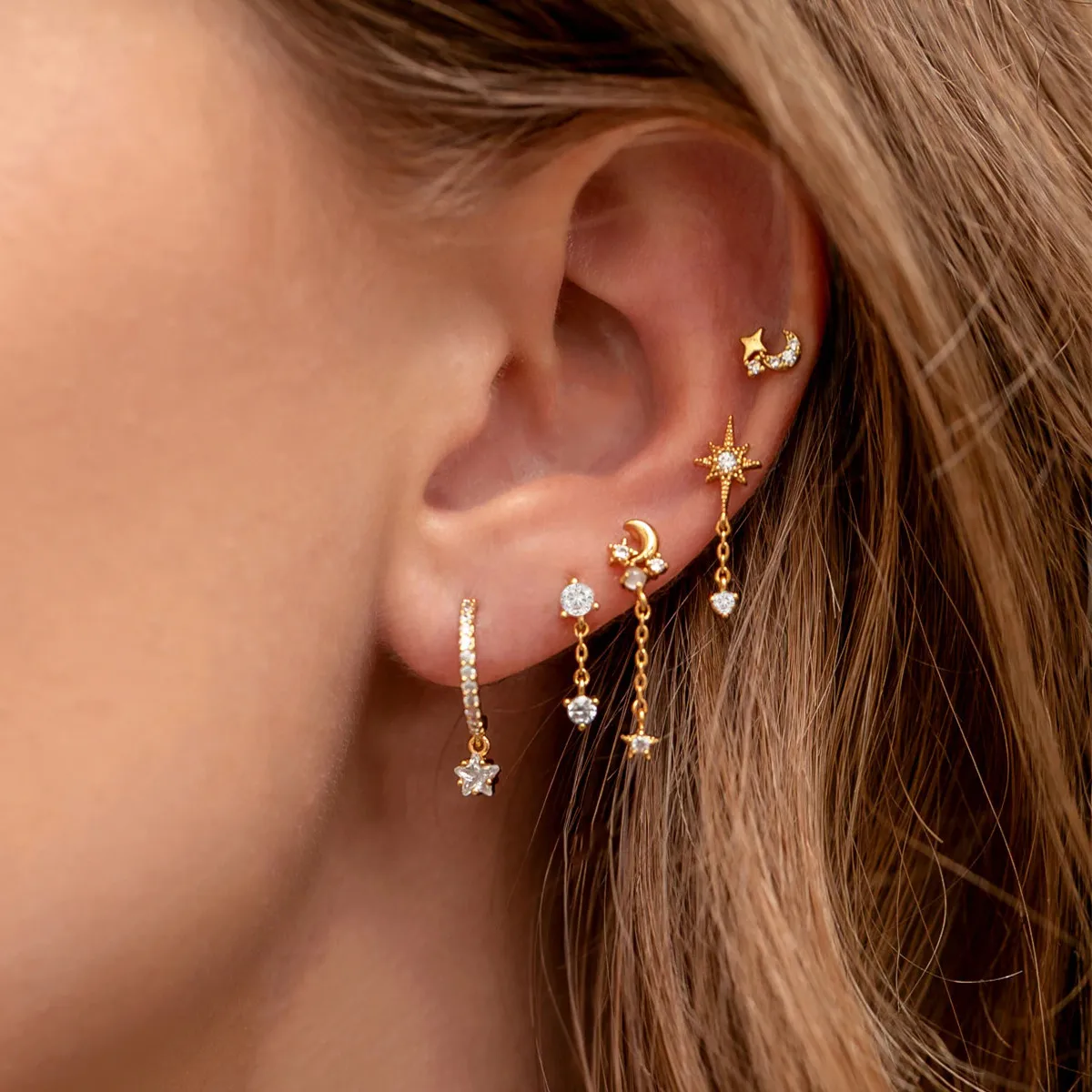 Minimalist jewelry small moon star crystal diamond dangle earring 925 pure silver huggie earrings sterling silver stud earrings