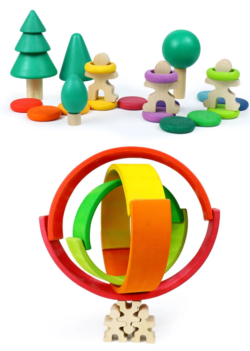 儿童diy拼装蒙太梭利彩虹堆砌玩具木制彩虹积木益智玩具2021