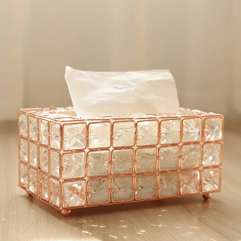 Handmade Golden Decorative Crystal Bead Metal Tissue Box For Wedding