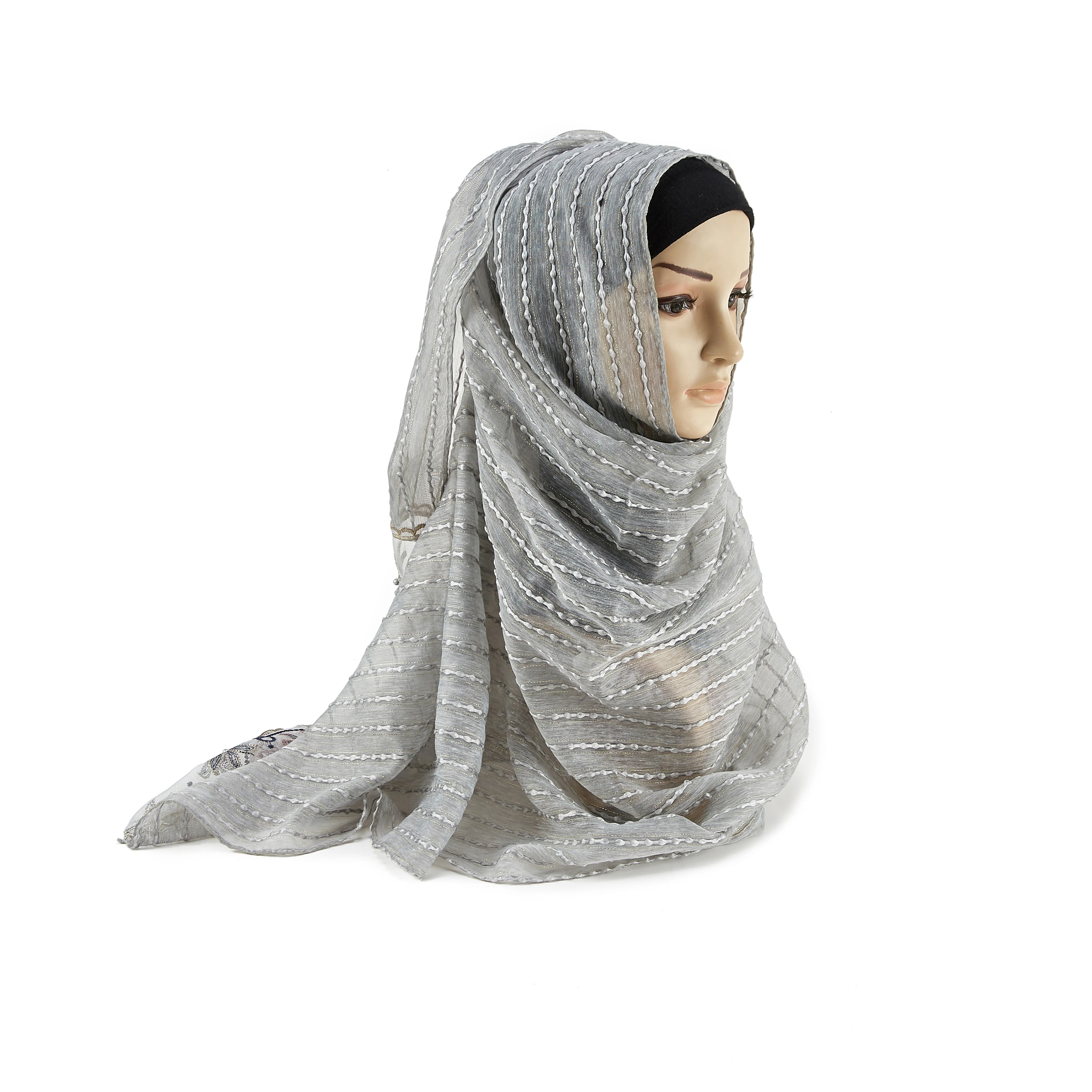 新设计蕾丝珍珠蕾丝女士围巾时尚仿真丝包头穆斯林民族围巾头巾