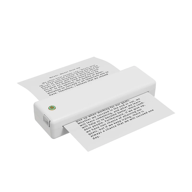 Jingpu PT-210 portable thermal printer showing power button, paper feed, and LED indicator