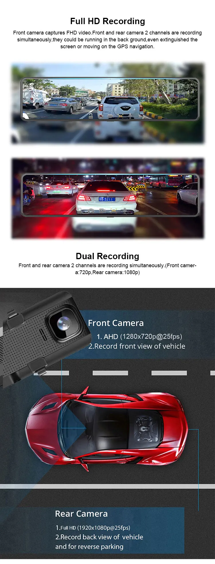 Hawkeye 12" rear view mirror 4G Android 8.1 car camera GPS Navigation 2G RAM 32G ROM ADAS FHD 1080P dash cam video recorder