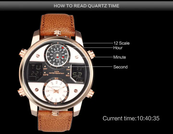 男士石英手表3时区手表BOAMIGO LED数字运动手表男皮革手表男士时钟F545