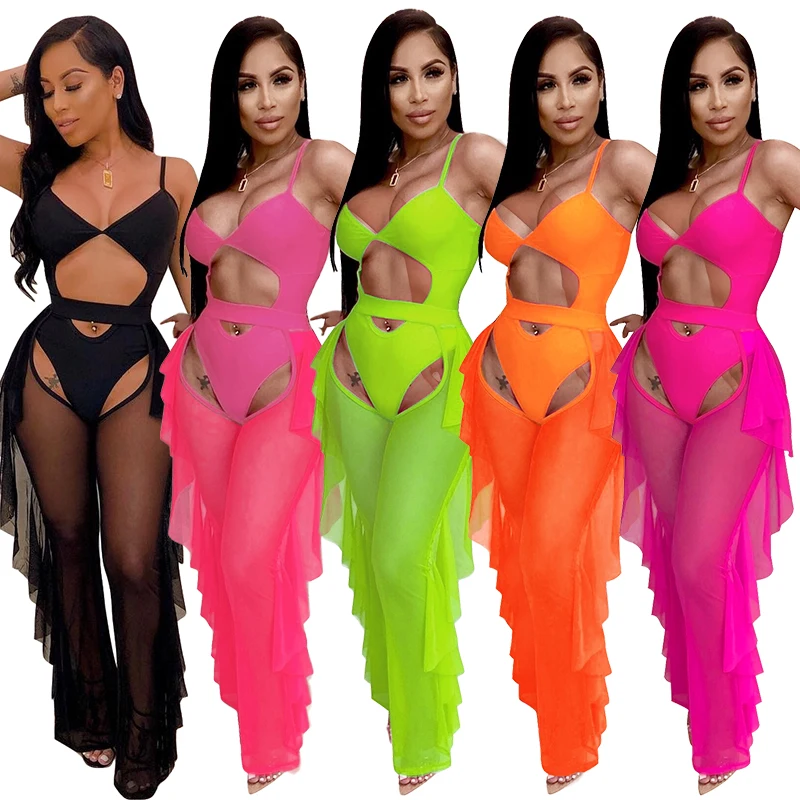 

NX2 Custom Women's Pure Thong Bikini Sets Mesh Ruffle Strap Pants 2 Piece Set Swim Suit Swimwear