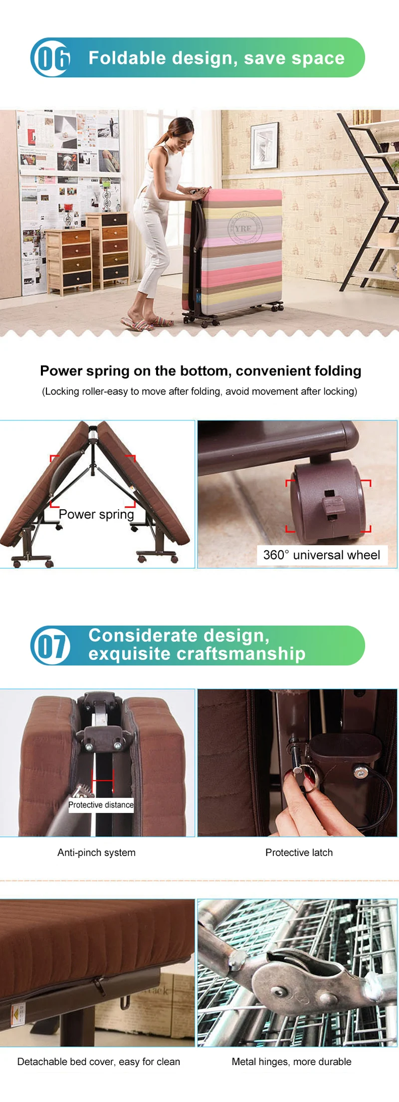 Hotel Folding Bed Spare Portable Latex Foam Mattress Beige Single Bed