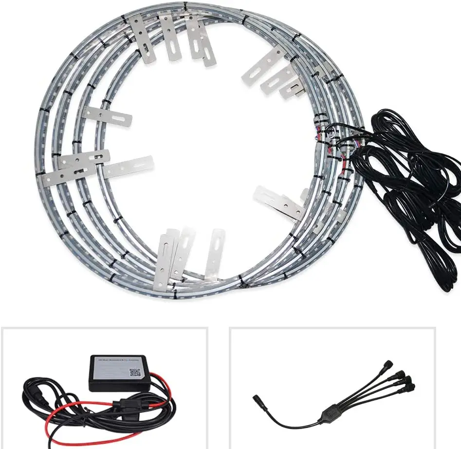 4 PCS 17 inch Car Rim Lights 624 LED RGB Color Chasing Wheel Ring Lights for Cars with blue-tooth controller