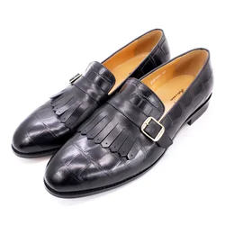 New Plaid Genuine Leather Shoes Double Monk Strap Slip On shoes For Wedding Party Office Fashion Shoes