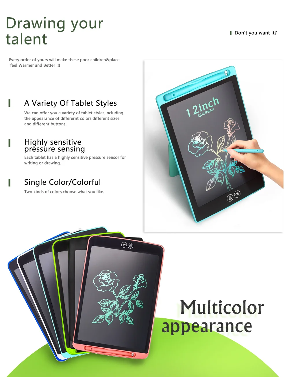 Lcd Writing Tablet 12 Inch Drawing Digital Erasable Drawing Tablet/pad