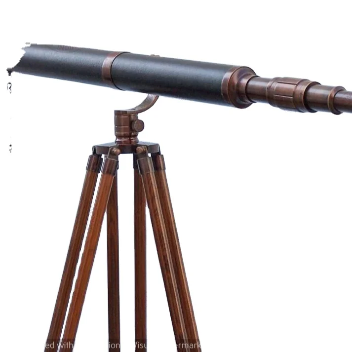 Nautical Marine Antique Double Barrel Leather Telescope With Wooden Tripod Stand 