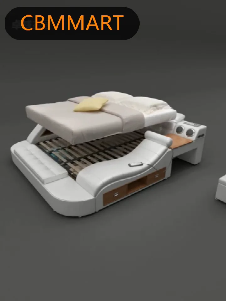 White Genuine Leather Bed French Royal Fancy Bedroom Furniture Sets