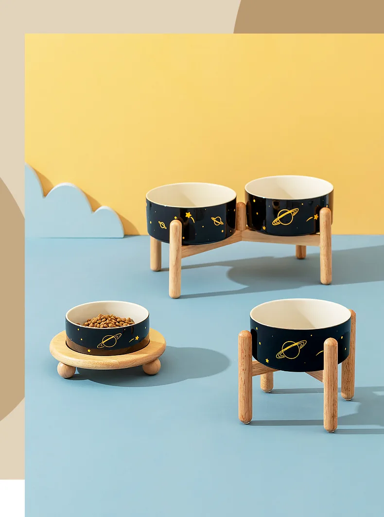 Ceramic Double Dog/Cat Food Bowl Protective Rack High Foot Design Solid Pattern Eco-Friendly Cervical Spine Protection Pet Water