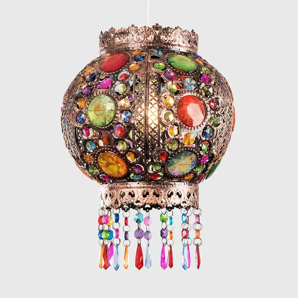 Traditional Moroccan Bazaar Style Bronze Chandelier Ceiling Light Pendant Shade with Beautiful Multi-Coloured Acrylic Jewel Droplets