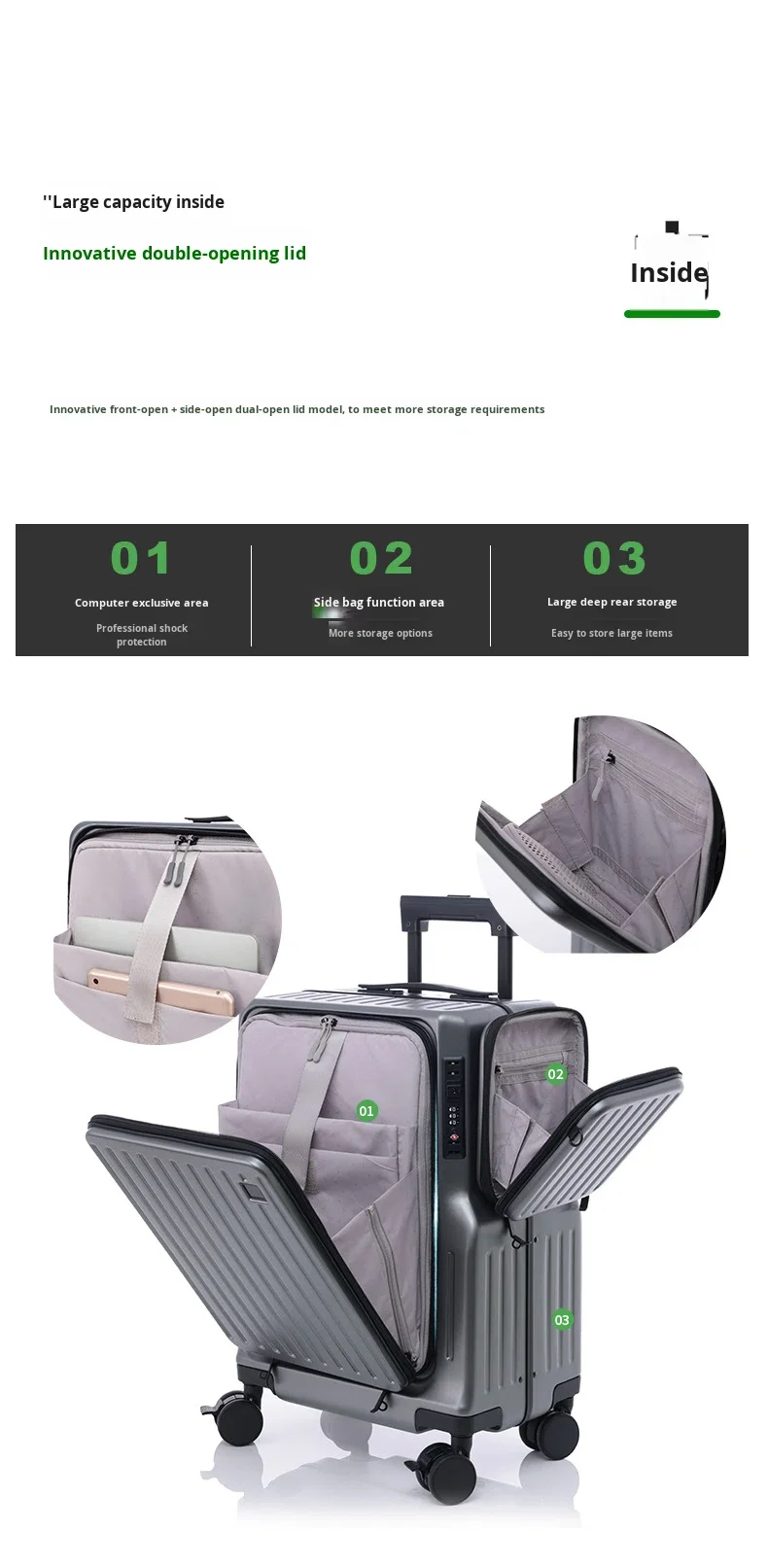 20 Inch Durable ABS+PC Frame Modern Fashionable Suitcase Carry on Luggage TSA Lock Dual Front Opening Silent 360 Degree Wheels details