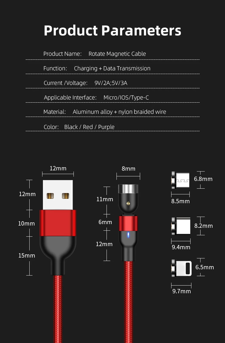 2020 newest magnetic charging cable 540 degree rotation micro usb cable cell phone led charging cable for android USB C / ios