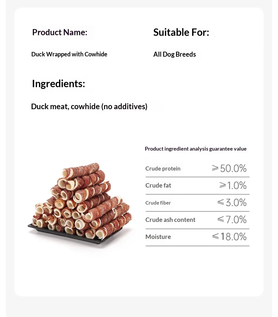Duck Meat Wrapped Cowhide 100% Pure Handmade FDA Compliant Molars Spring Roll Straight Hair Pet Snacks supplier