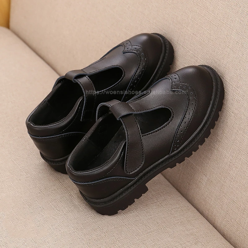 new low price customized T-bar shoes black PU kids school shoes black for girls