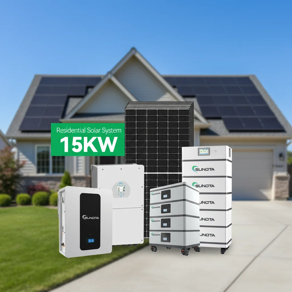 15 kW solar system layout with panels, hybrid inverter, and lithium battery bank