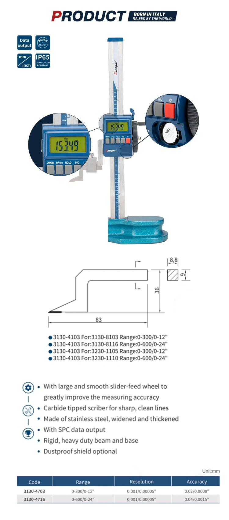 Dasqua 0300mm IP65 Water Proof Heavy Duty Digital Height Gauge