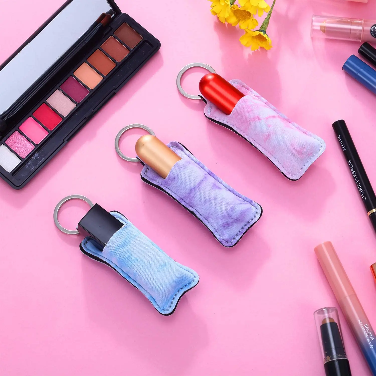 Travel Bottle Keychain Holders Set Chapstick Wristlet Lanyards Marble