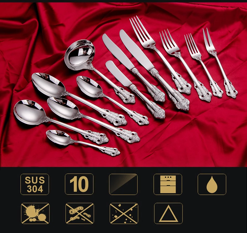 European Style Mirror Polish Silver Cutlery Set Classic Anaglyph