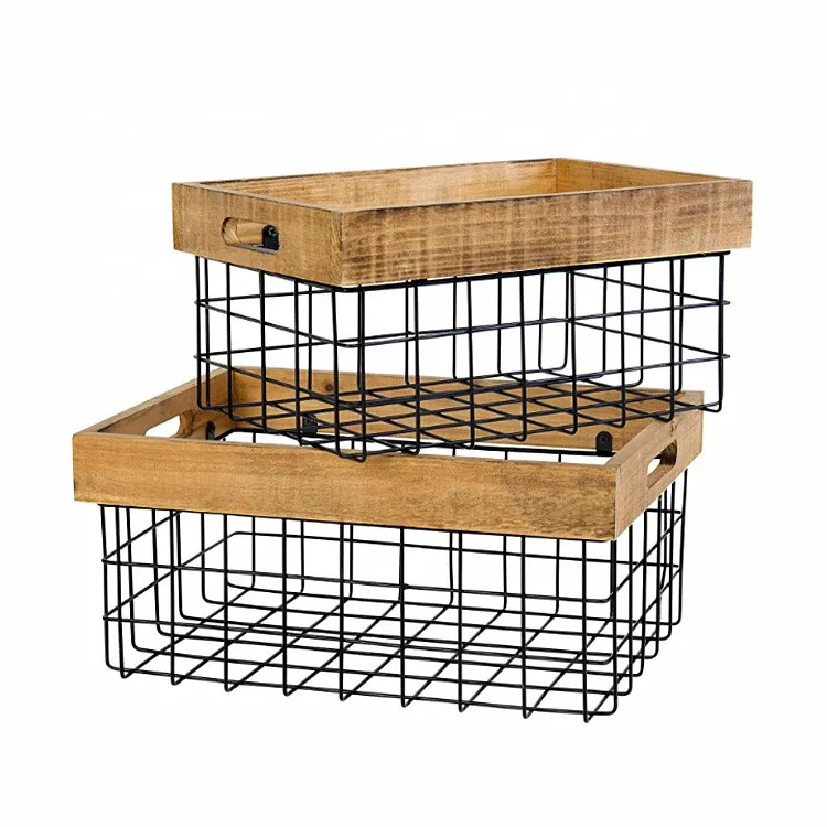 Modern Rectangular Nesting Metal Basket With Wooden Handles,Set Of Two