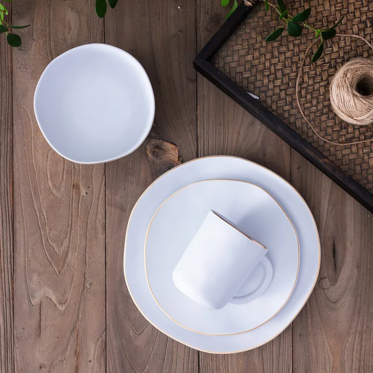 elegant matte black porcelain kitchen plates set dinner luxury dinnerware sets with golden rim  .jpg