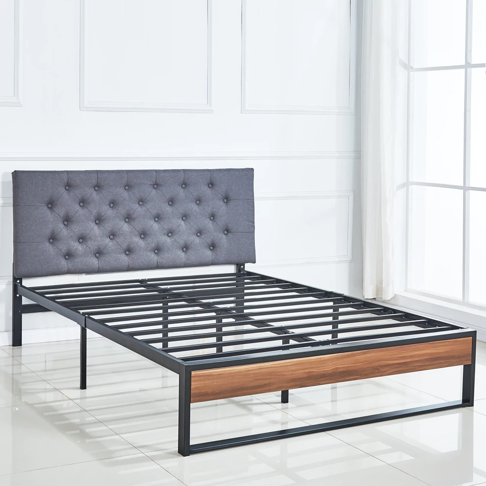 New Design Button Tufted Upholstered Soft Fabric Headboard Metal Beds