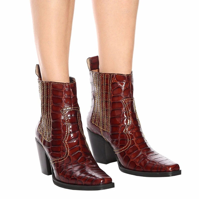 red leather block heel boots