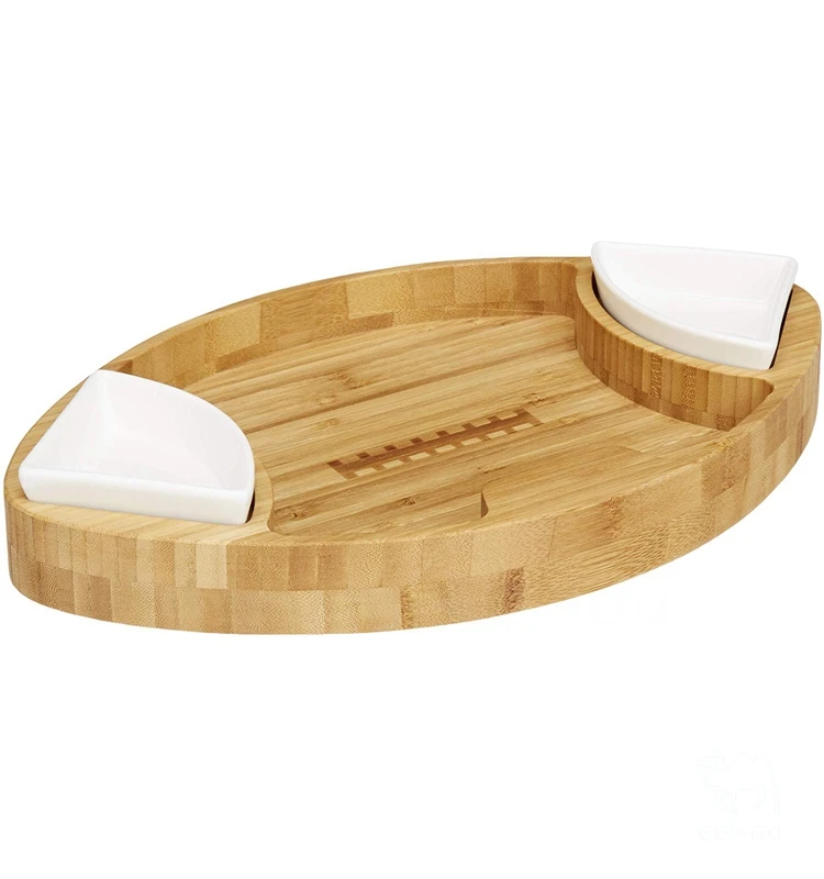 Bamboo Football Serving Tray With 2 Ceramic Bowls Chips And Dip Tray