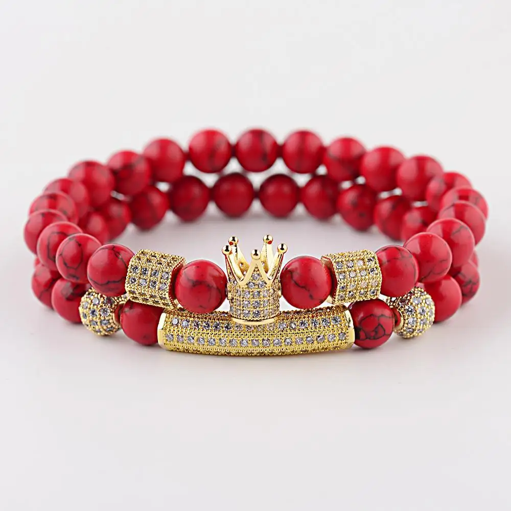 hovanci欧洲时尚饰品cz国王皇冠魅力手链弹性天然红色绿松石石珠手链