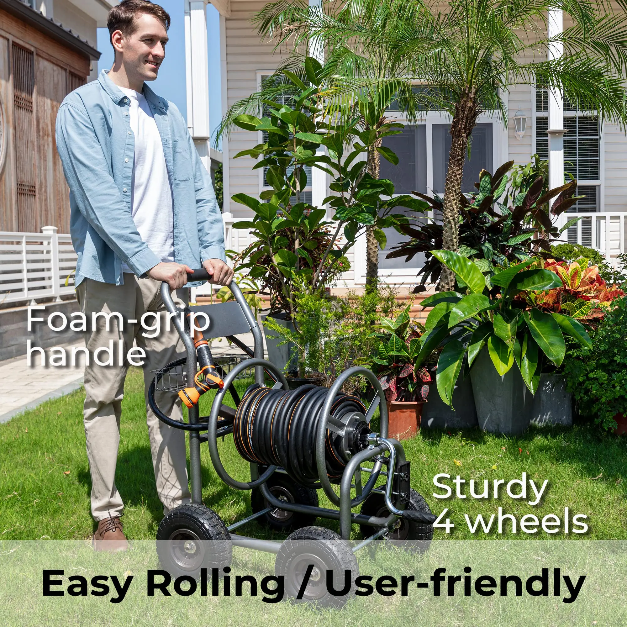 Garden Hose Reel Cart Heavy Duty Hose Reel Cart With 4 Wheels Storage