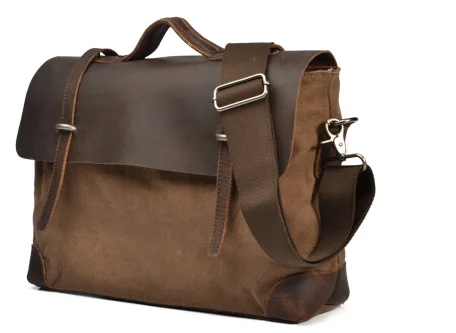 China Factory  Cowhide Leather Waxed Canvas Men  Handbag Travel Shoulder Bag