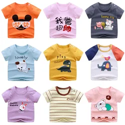 Inventory wholesale children summer chinese style casual button up short sleeve cotton cartoon prints t-shirt