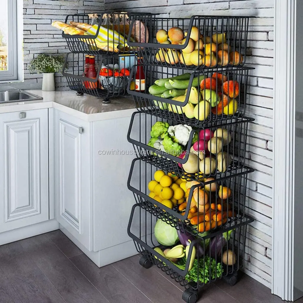 4 Tier Stackable Kitchen Storage Basket Metal Wire Rolling Utility Cart ...