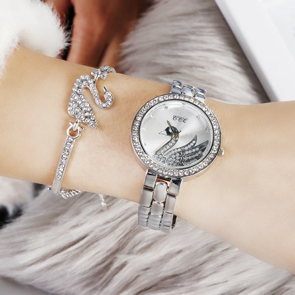 2 PCS Jewelry Set Steel Watch Ladies Quartz Crystal Dial Swan Watches Stylish TW468